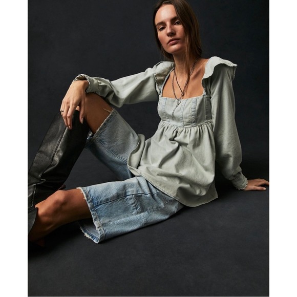 Free People XS Chambray Denim Ruffle Collar Cottagecore Long Sleeve Tie Back Top - Picture 2 of 14